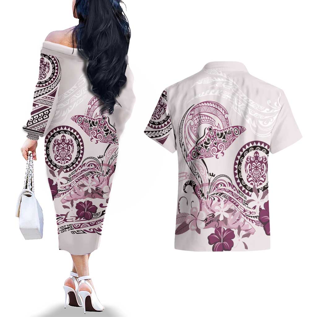 Polynesian Manta Ray Couples Matching Off The Shoulder Long Sleeve Dress and Hawaiian Shirt Pink Floral Turtle Tattoo LT9 - Polynesian Pride
