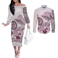 Polynesian Manta Ray Couples Matching Off The Shoulder Long Sleeve Dress and Long Sleeve Button Shirt Pink Floral Turtle Tattoo LT9 Pink - Polynesian Pride