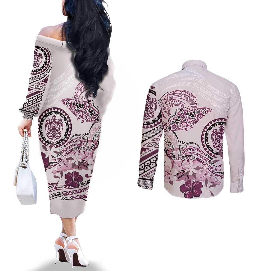 Polynesian Manta Ray Couples Matching Off The Shoulder Long Sleeve Dress and Long Sleeve Button Shirt Pink Floral Turtle Tattoo LT9 - Polynesian Pride