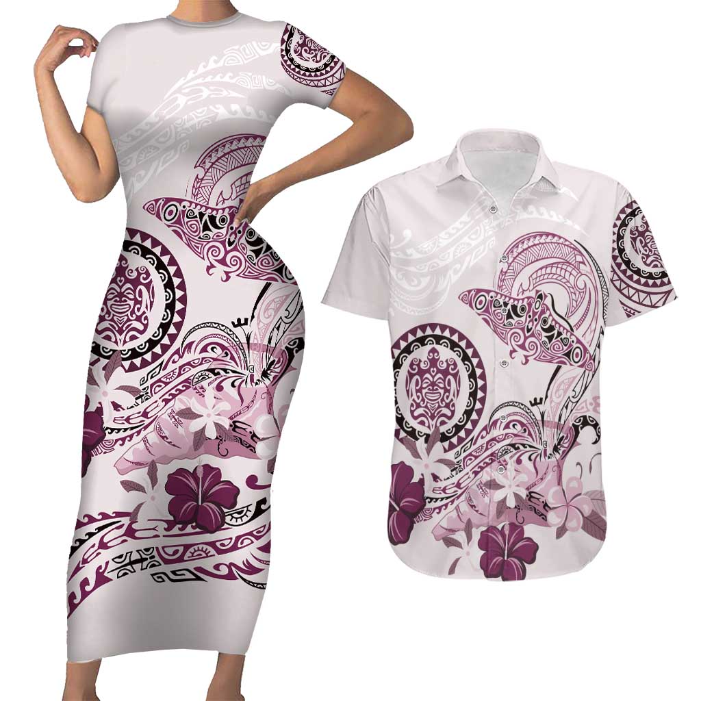 Polynesian Manta Ray Couples Matching Short Sleeve Bodycon Dress and Hawaiian Shirt Pink Floral Turtle Tattoo LT9 Pink - Polynesian Pride