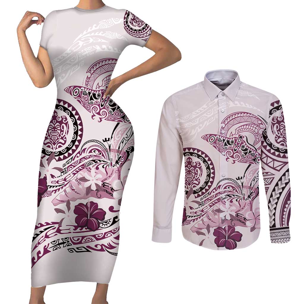 Polynesian Manta Ray Couples Matching Short Sleeve Bodycon Dress and Long Sleeve Button Shirt Pink Floral Turtle Tattoo LT9 Pink - Polynesian Pride