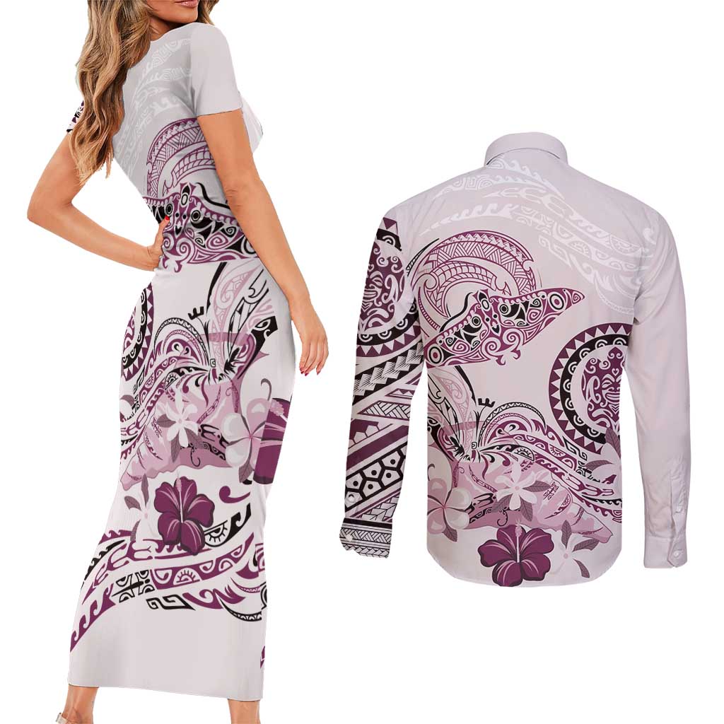 Polynesian Manta Ray Couples Matching Short Sleeve Bodycon Dress and Long Sleeve Button Shirt Pink Floral Turtle Tattoo LT9 - Polynesian Pride