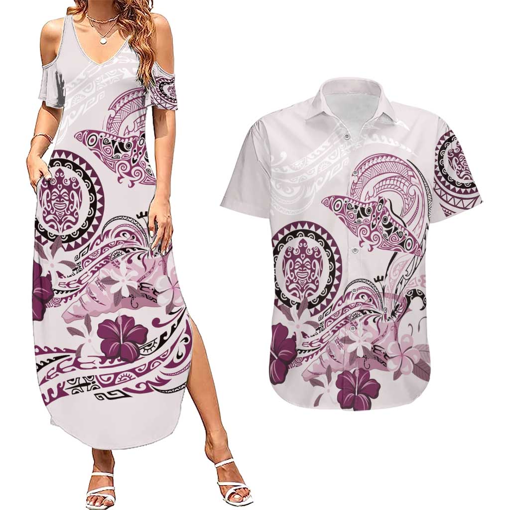 Polynesian Manta Ray Couples Matching Summer Maxi Dress and Hawaiian Shirt Pink Floral Turtle Tattoo LT9 Pink - Polynesian Pride