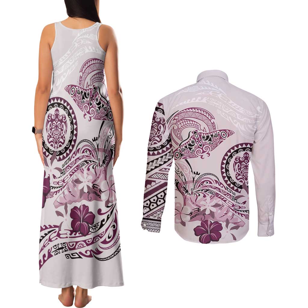 Polynesian Manta Ray Couples Matching Tank Maxi Dress and Long Sleeve Button Shirt Pink Floral Turtle Tattoo - Polynesian Pride