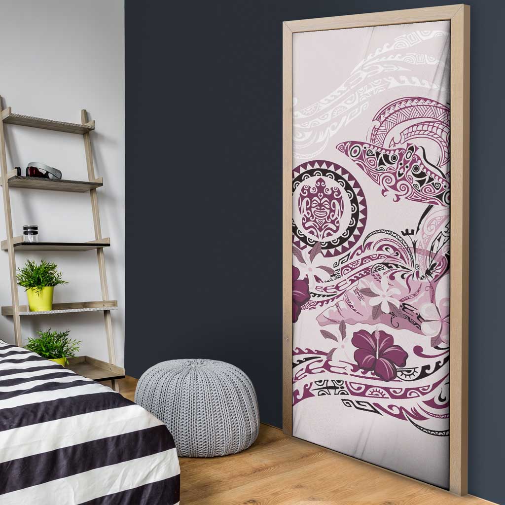 Polynesian Manta Ray Door Cover Pink Floral Turtle Tattoo - Polynesian Pride