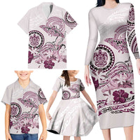 Polynesian Manta Ray Family Matching Long Sleeve Bodycon Dress and Hawaiian Shirt Pink Floral Turtle Tattoo LT9 - Polynesian Pride