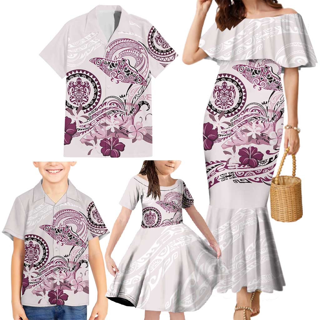 Polynesian Manta Ray Family Matching Mermaid Dress and Hawaiian Shirt Pink Floral Turtle Tattoo LT9 - Polynesian Pride