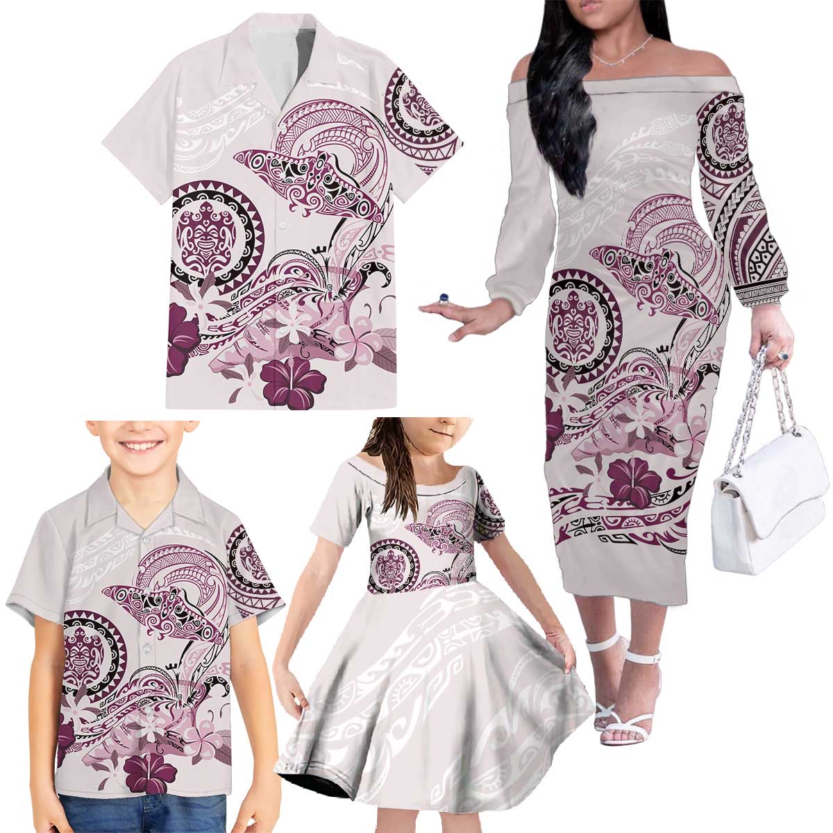 Polynesian Manta Ray Family Matching Off The Shoulder Long Sleeve Dress and Hawaiian Shirt Pink Floral Turtle Tattoo LT9 - Polynesian Pride