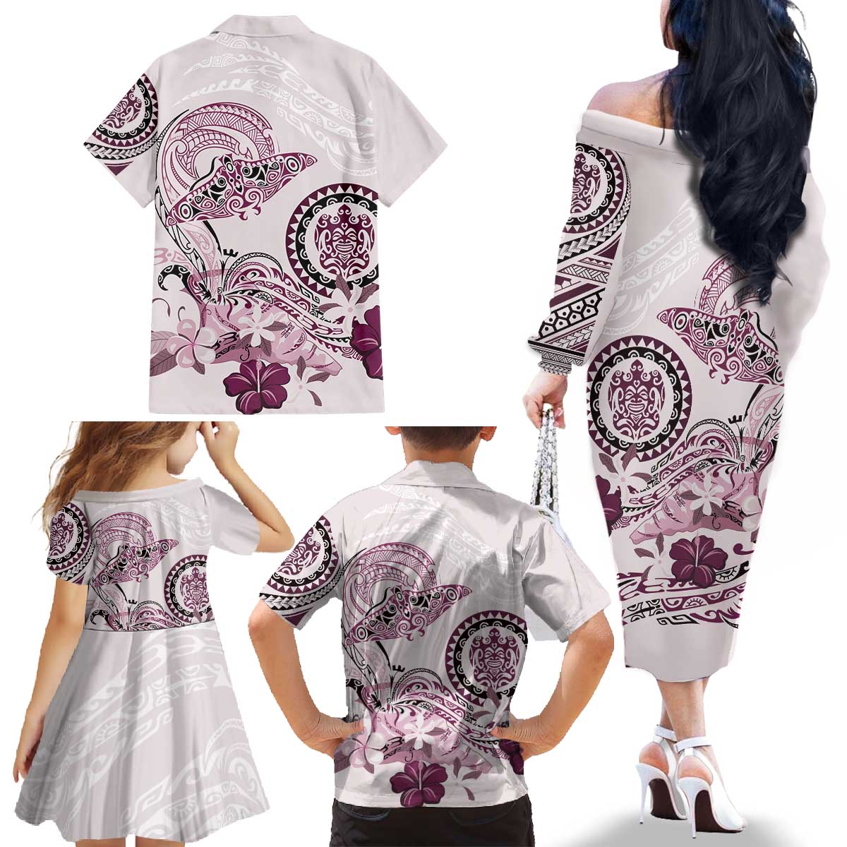 Polynesian Manta Ray Family Matching Off The Shoulder Long Sleeve Dress and Hawaiian Shirt Pink Floral Turtle Tattoo LT9 - Polynesian Pride