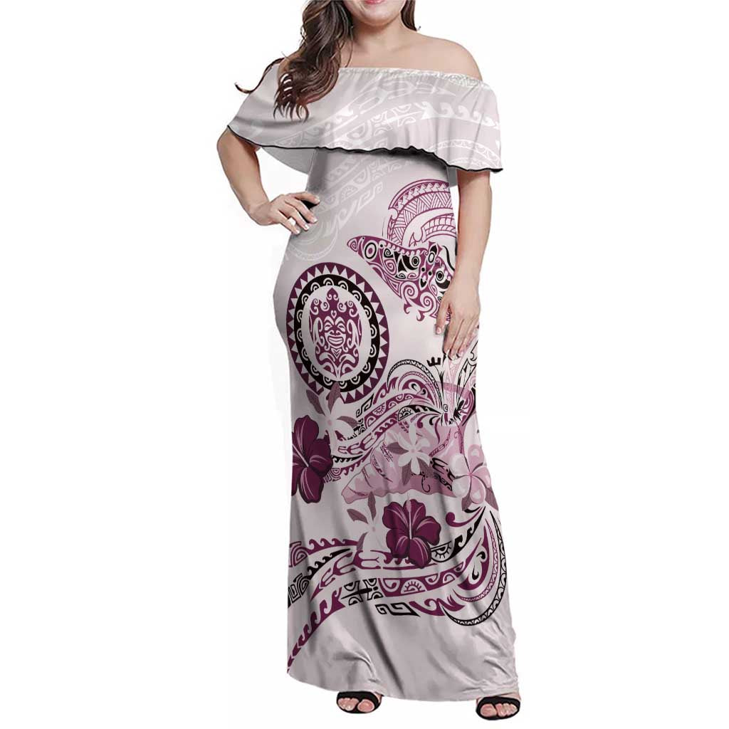Polynesian Manta Ray Family Matching Off Shoulder Maxi Dress and Hawaiian Shirt Pink Floral Turtle Tattoo LT9 Mom's Dress Pink - Polynesian Pride