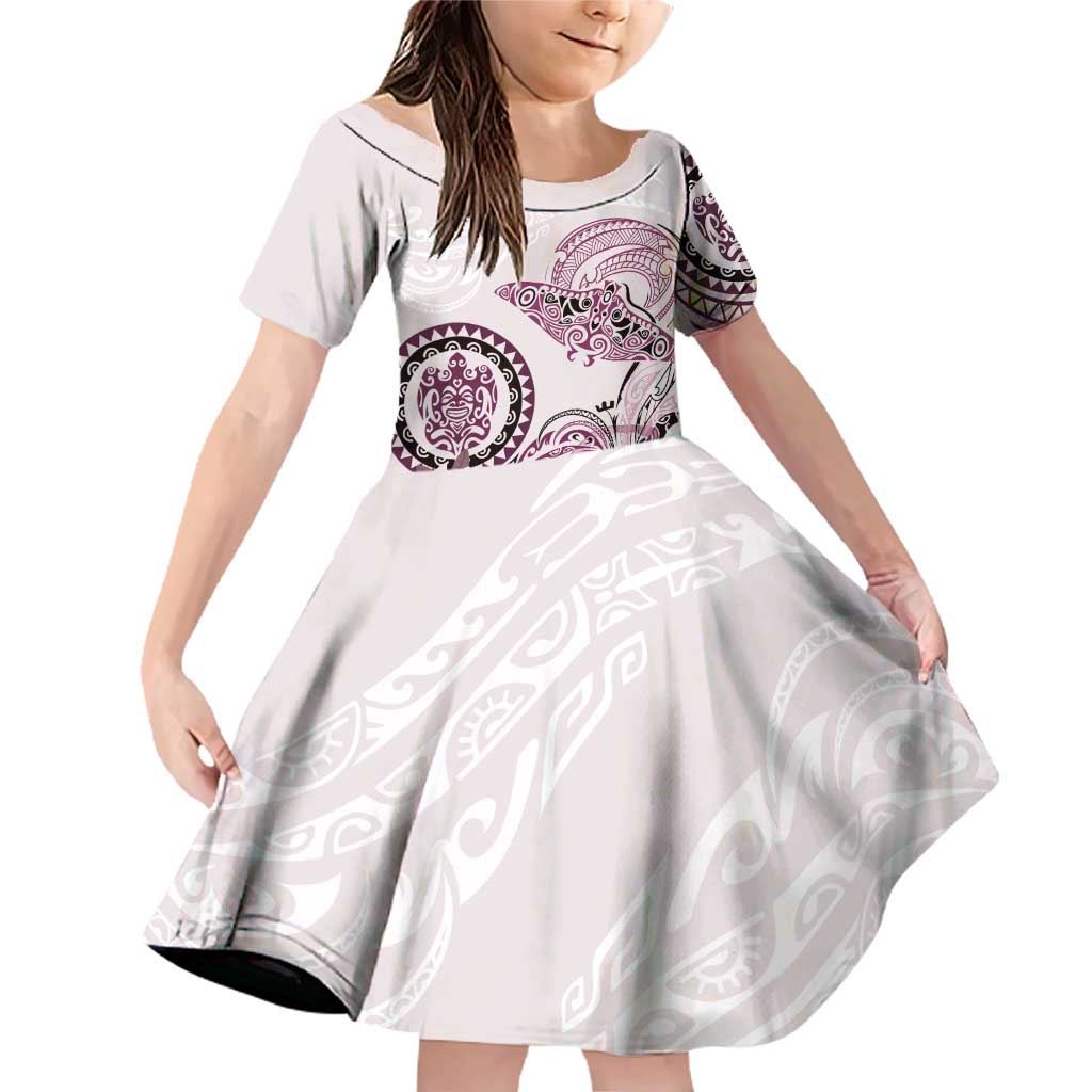 Polynesian Manta Ray Family Matching Off Shoulder Short Dress and Hawaiian Shirt Pink Floral Turtle Tattoo LT9 Daughter's Dress Pink - Polynesian Pride