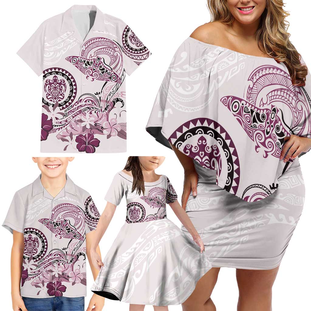 Polynesian Manta Ray Family Matching Off Shoulder Short Dress and Hawaiian Shirt Pink Floral Turtle Tattoo LT9 - Polynesian Pride