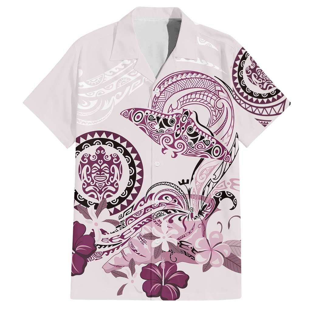 Polynesian Manta Ray Family Matching Off Shoulder Short Dress and Hawaiian Shirt Pink Floral Turtle Tattoo LT9 Dad's Shirt - Short Sleeve Pink - Polynesian Pride