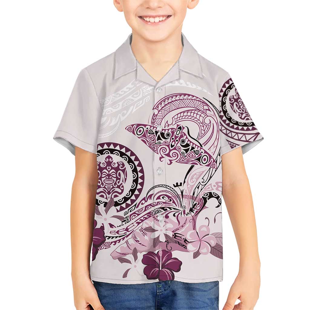 Polynesian Manta Ray Family Matching Off Shoulder Short Dress and Hawaiian Shirt Pink Floral Turtle Tattoo LT9 Son's Shirt Pink - Polynesian Pride