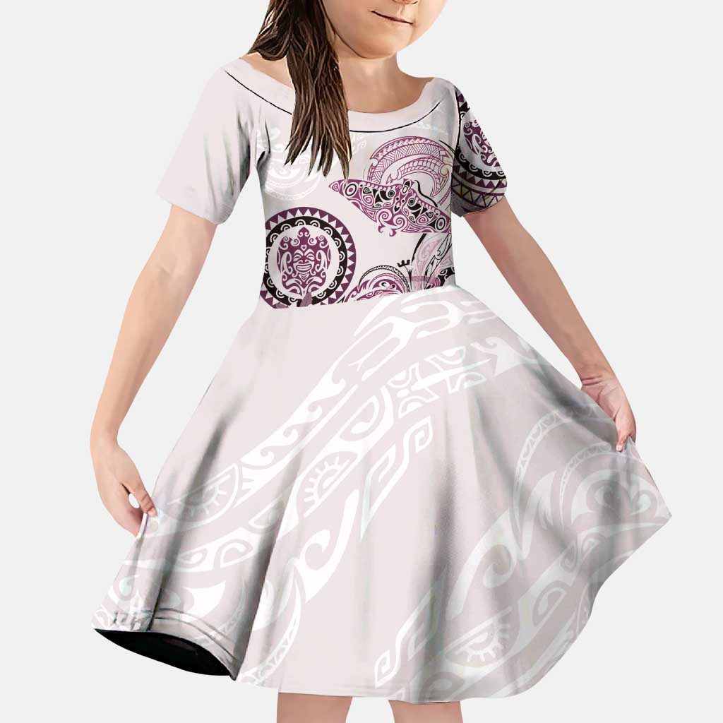 Polynesian Manta Ray Family Matching Puletasi and Hawaiian Shirt Pink Floral Turtle Tattoo LT9 Daughter's Dress Pink - Polynesian Pride