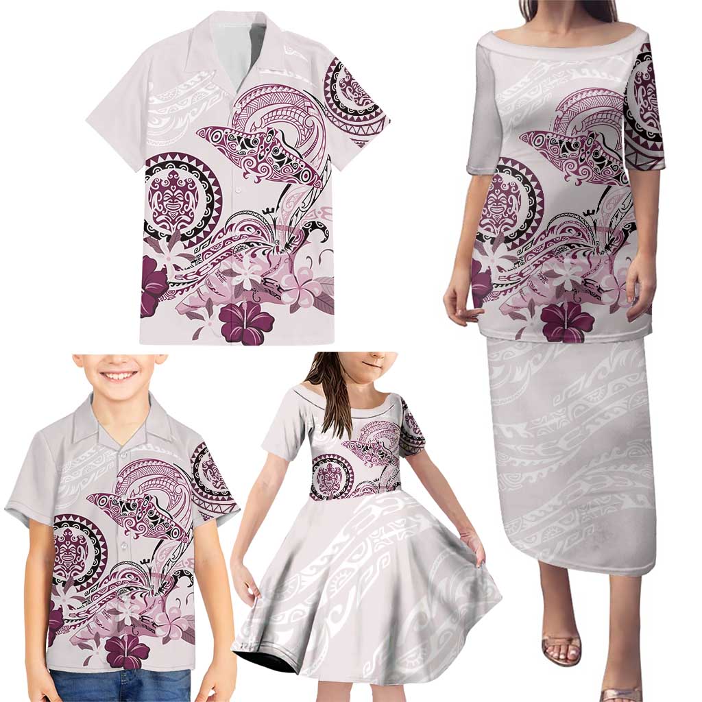 Polynesian Manta Ray Family Matching Puletasi and Hawaiian Shirt Pink Floral Turtle Tattoo LT9 - Polynesian Pride