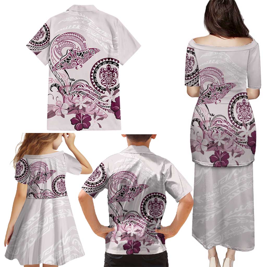 Polynesian Manta Ray Family Matching Puletasi and Hawaiian Shirt Pink Floral Turtle Tattoo LT9 - Polynesian Pride