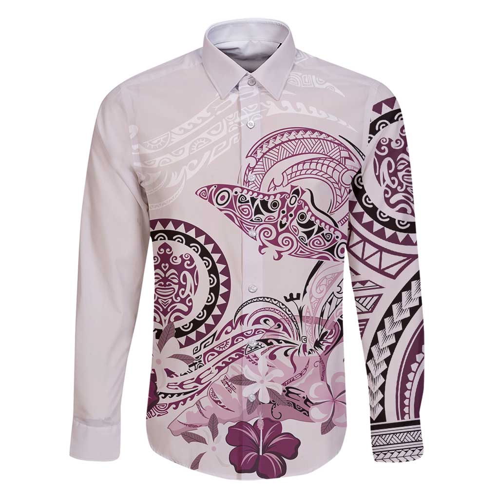 Polynesian Manta Ray Family Matching Puletasi and Hawaiian Shirt Pink Floral Turtle Tattoo LT9 Dad's Shirt - Long Sleeve Pink - Polynesian Pride