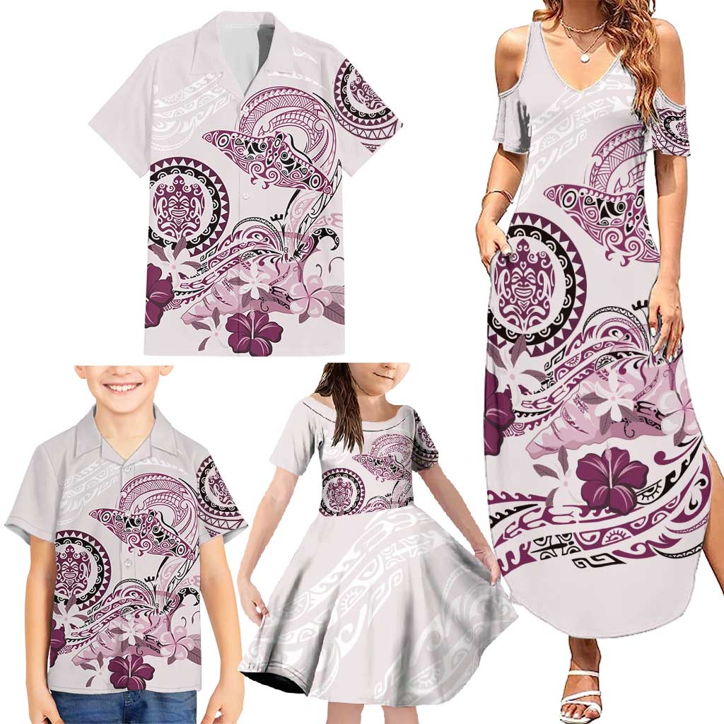 Polynesian Manta Ray Family Matching Summer Maxi Dress and Hawaiian Shirt Pink Floral Turtle Tattoo LT9 - Polynesian Pride