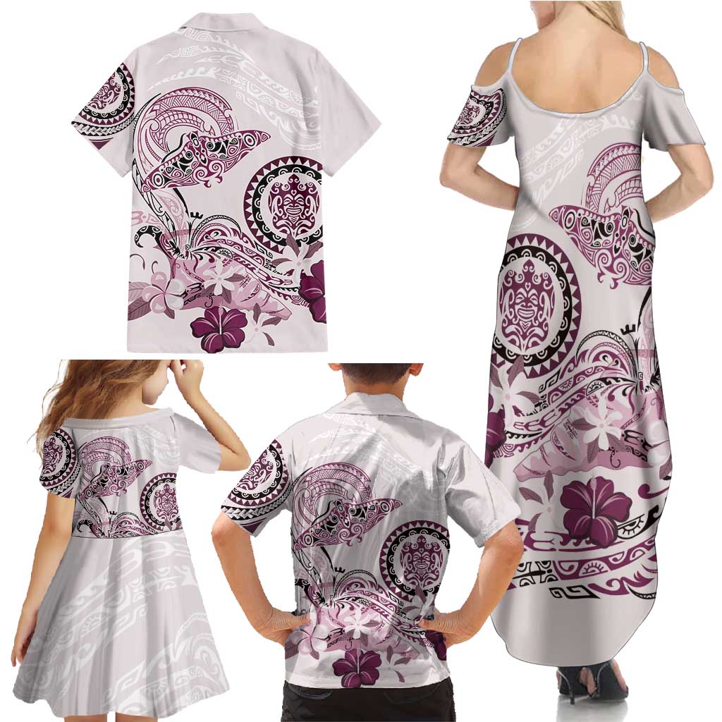 Polynesian Manta Ray Family Matching Summer Maxi Dress and Hawaiian Shirt Pink Floral Turtle Tattoo LT9 - Polynesian Pride