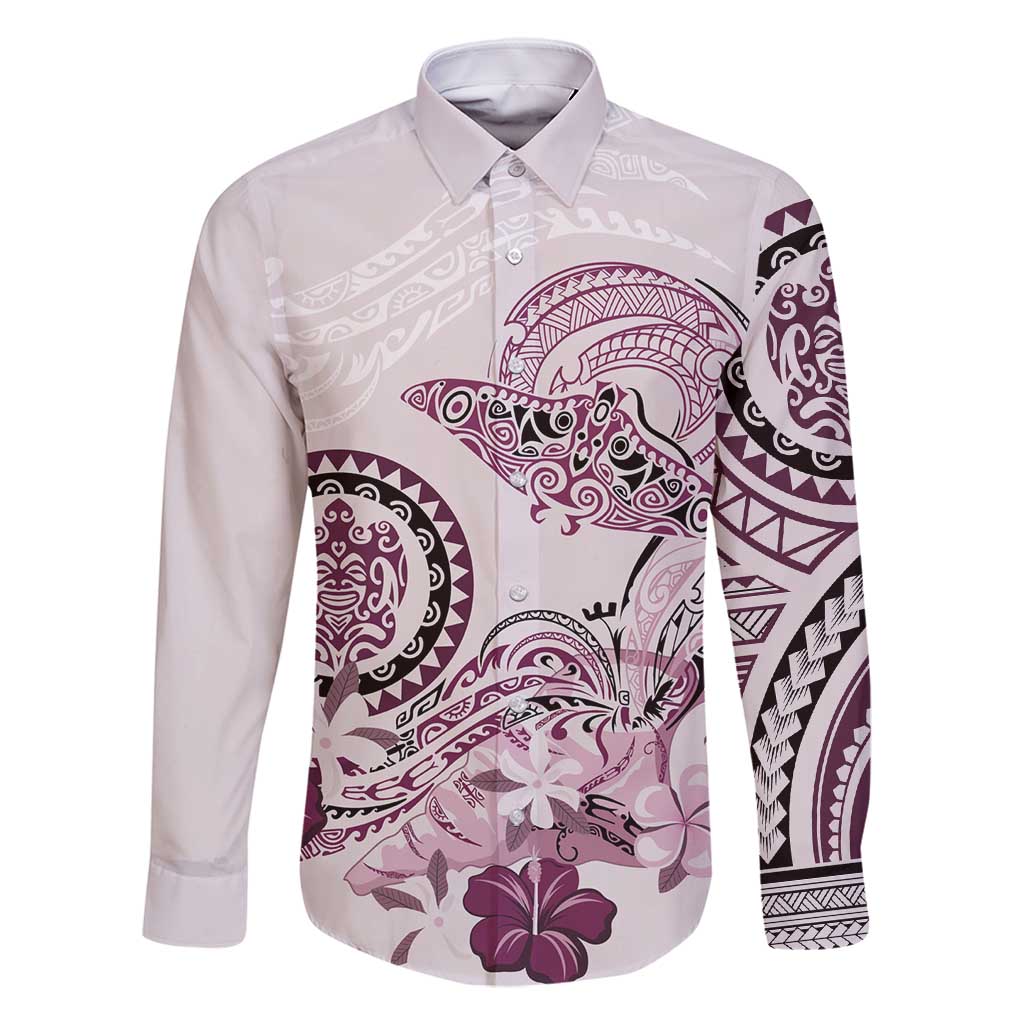 Polynesian Manta Ray Family Matching Summer Maxi Dress and Hawaiian Shirt Pink Floral Turtle Tattoo LT9 Dad's Shirt - Long Sleeve Pink - Polynesian Pride