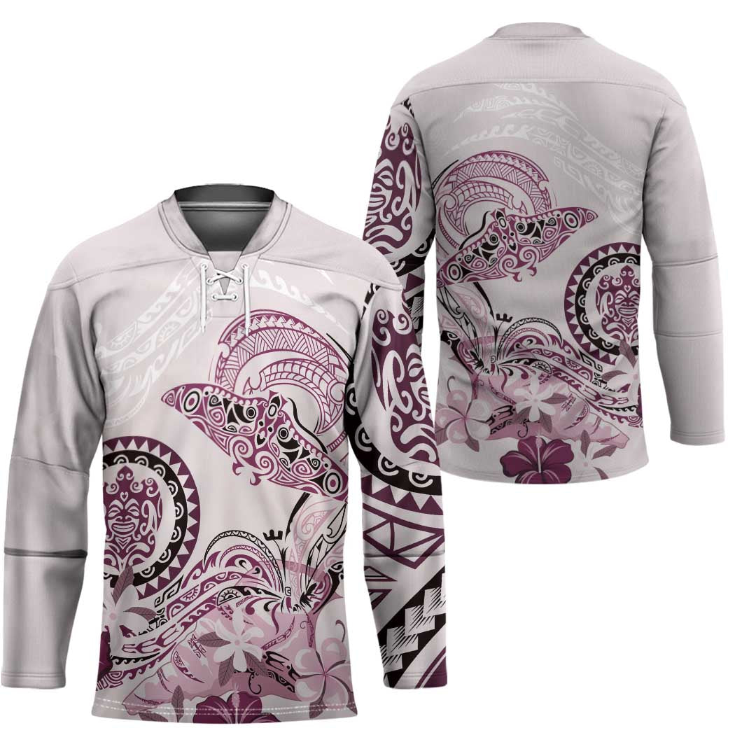 Polynesian Manta Ray Hockey Jersey Pink Floral Turtle Tattoo - Polynesian Pride