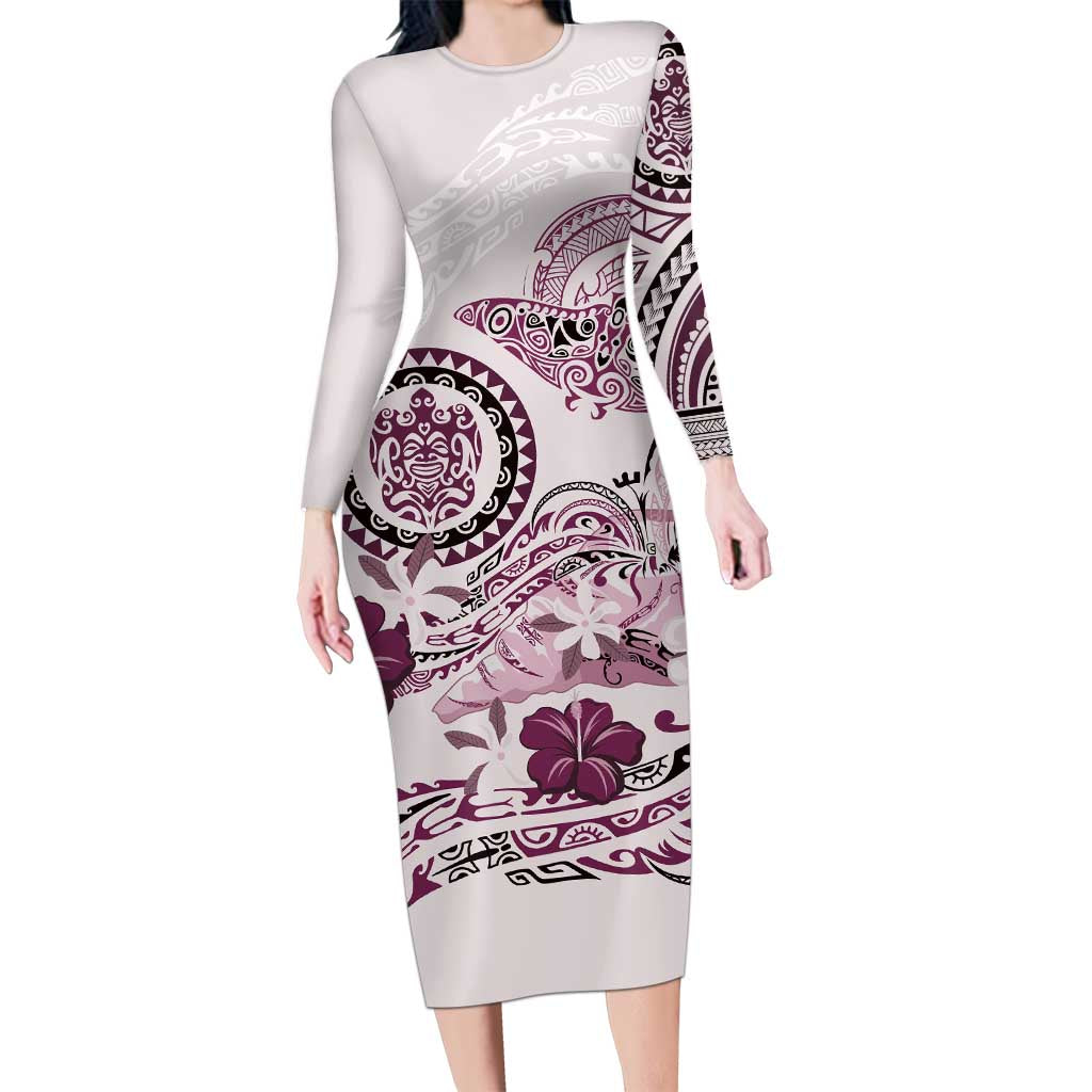 Polynesian Manta Ray Long Sleeve Bodycon Dress Pink Floral Turtle Tattoo - Polynesian Pride