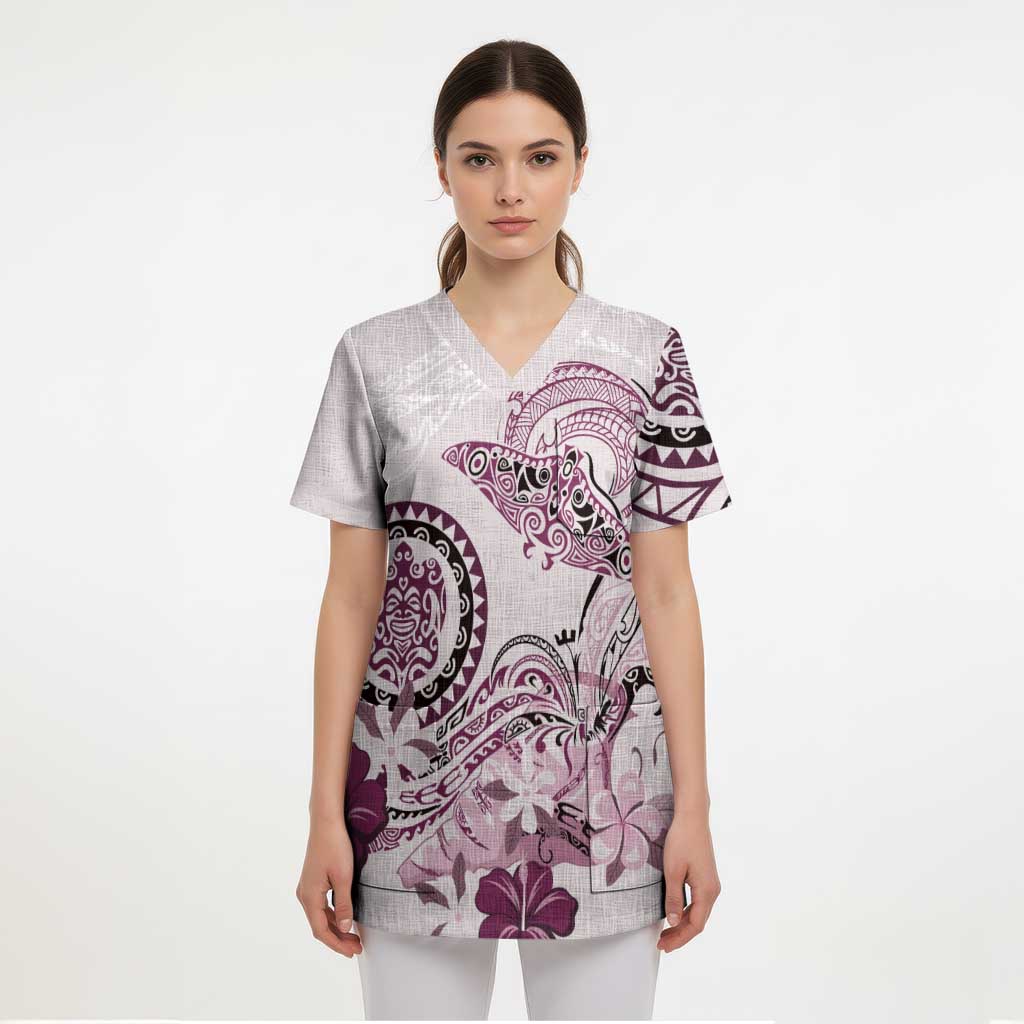 Polynesian Manta Ray Scrub Top Pink Floral Turtle Tattoo - Polynesian Pride