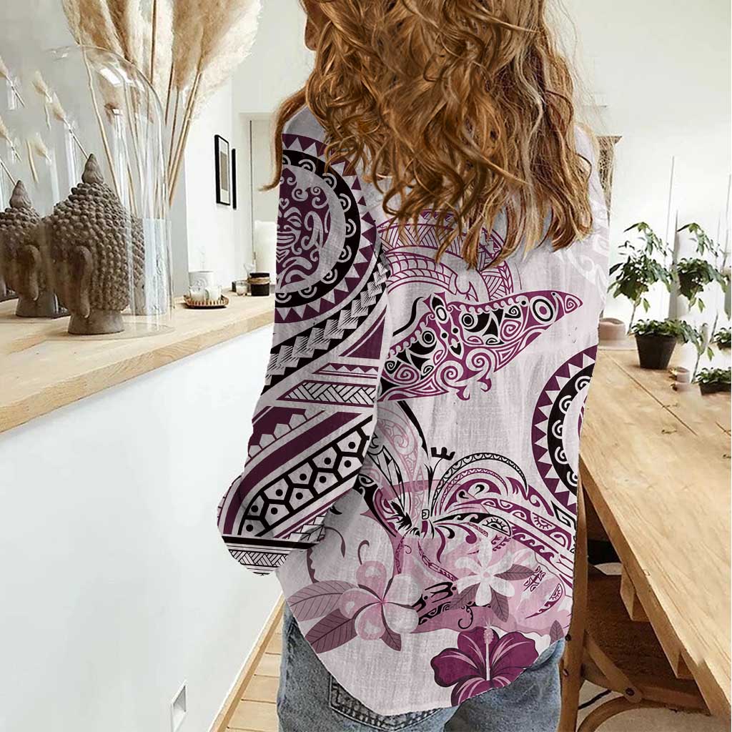 Polynesian Manta Ray Women Casual Shirt Pink Floral Turtle Tattoo - Polynesian Pride