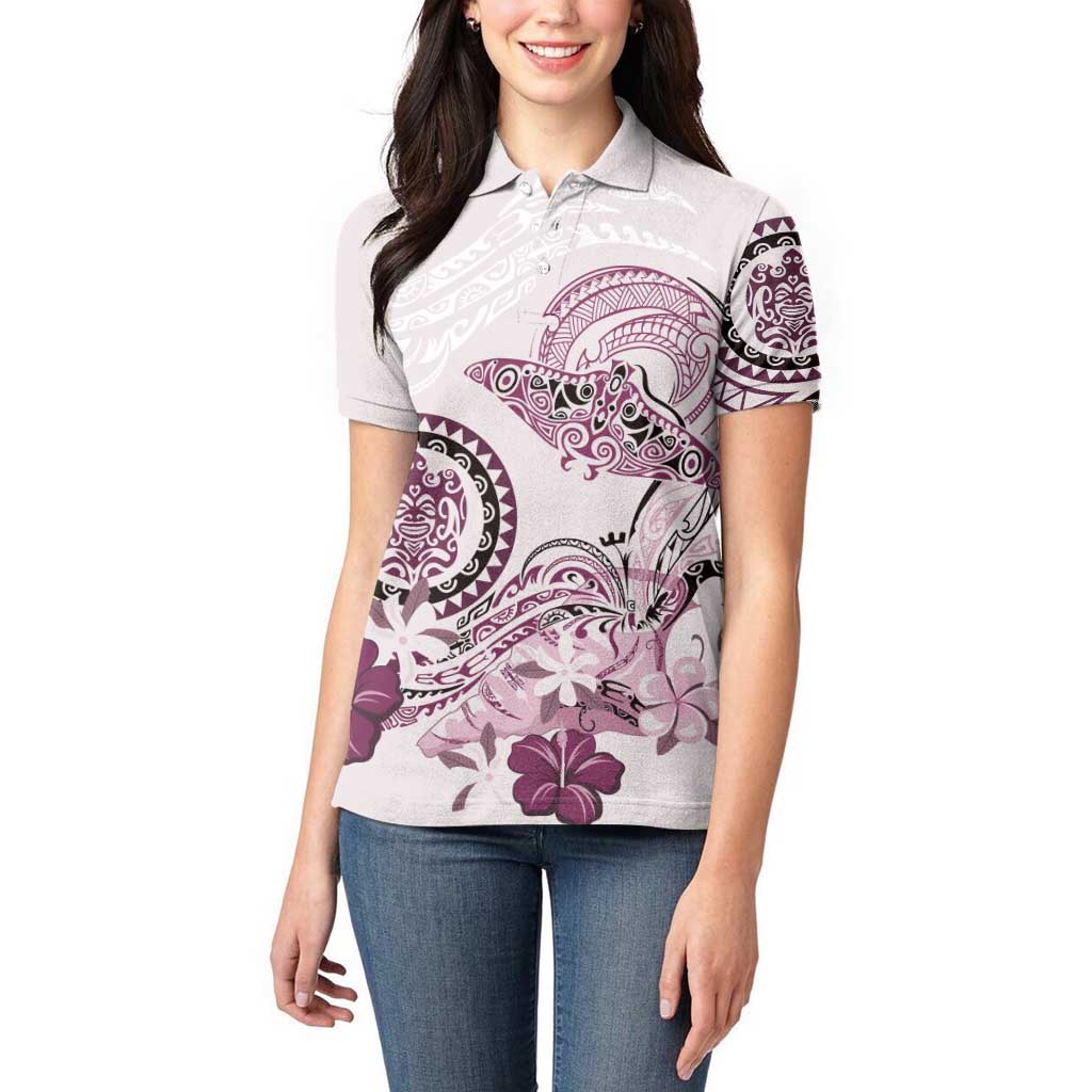 Polynesian Manta Ray Women Polo Shirt Pink Floral Turtle Tattoo - Polynesian Pride