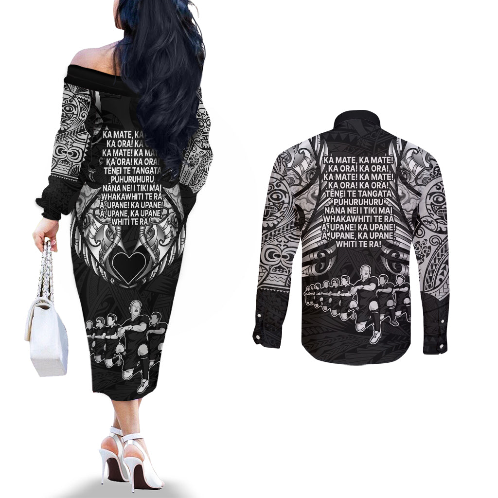 New Zealand Rugby Couples Matching Off The Shoulder Long Sleeve Dress and Long Sleeve Button Shirt Black Haka Dance With NZ Champions History LT9 - Polynesian Pride