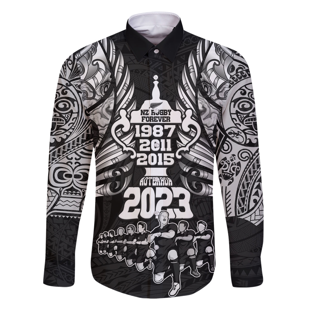 New Zealand Rugby Family Matching Off Shoulder Short Dress and Hawaiian Shirt Black Haka Dance With NZ Champions History LT9 Dad's Shirt - Long Sleeve Black - Polynesian Pride