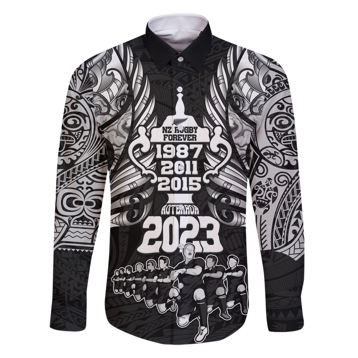 New Zealand Rugby Family Matching Short Sleeve Bodycon Dress and Hawaiian Shirt Black Haka Dance With NZ Champions History LT9 Dad's Shirt - Long Sleeve Black - Polynesian Pride