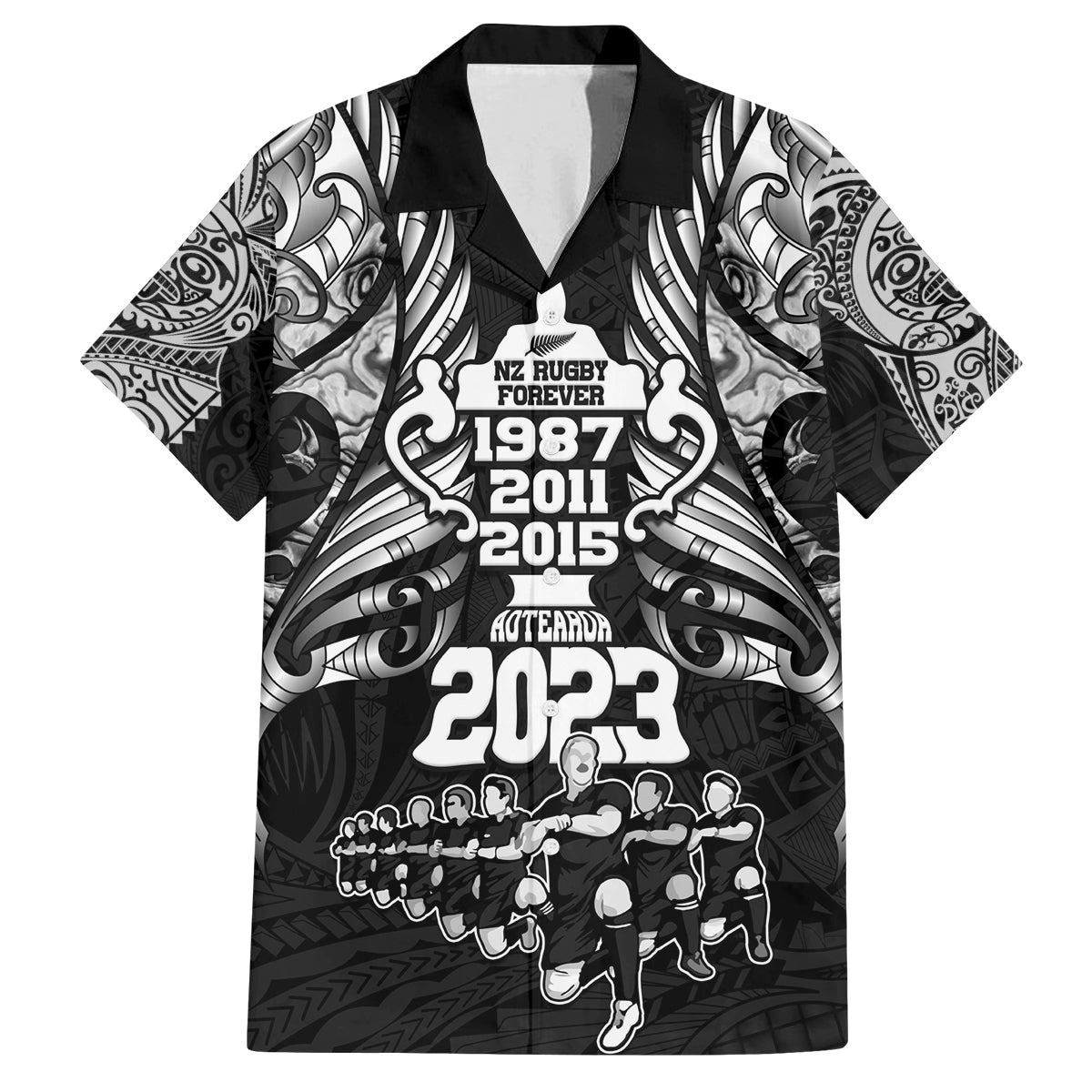 Custom New Zealand Rugby Family Matching Off Shoulder Short Dress and Hawaiian Shirt Black Haka Dance With NZ Champions History LT9 Dad's Shirt - Short Sleeve Black - Polynesian Pride