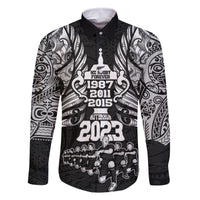 Custom New Zealand Rugby Family Matching Off Shoulder Short Dress and Hawaiian Shirt Black Haka Dance With NZ Champions History LT9 Dad's Shirt - Long Sleeve Black - Polynesian Pride