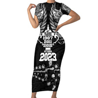 Custom New Zealand Rugby Family Matching Short Sleeve Bodycon Dress and Hawaiian Shirt Black Haka Dance With NZ Champions History LT9 Mom's Dress Black - Polynesian Pride