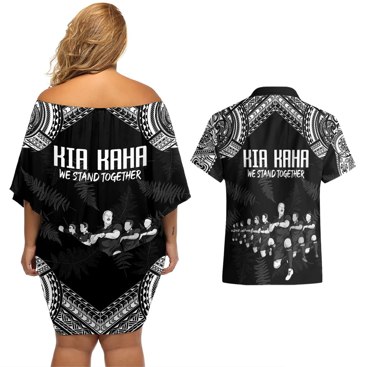 NZ Rugby Couples Matching Off Shoulder Short Dress and Hawaiian Shirt Kapa Opango Maori Haka With Years of The All Black Champions LT9 - Polynesian Pride