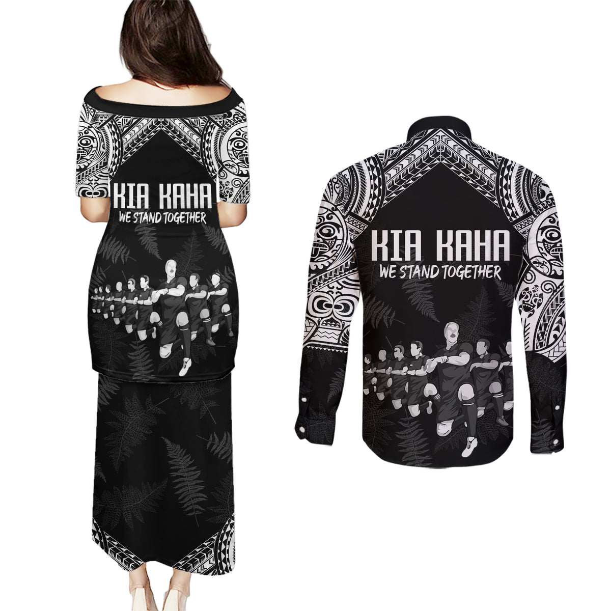 NZ Rugby Couples Matching Puletasi Dress and Long Sleeve Button Shirt Kapa Opango Maori Haka With Years of The All Black Champions LT9 - Polynesian Pride