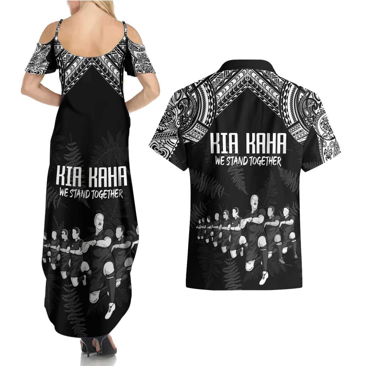 NZ Rugby Couples Matching Summer Maxi Dress and Hawaiian Shirt Kapa Opango Maori Haka With Years of The All Black Champions LT9 - Polynesian Pride
