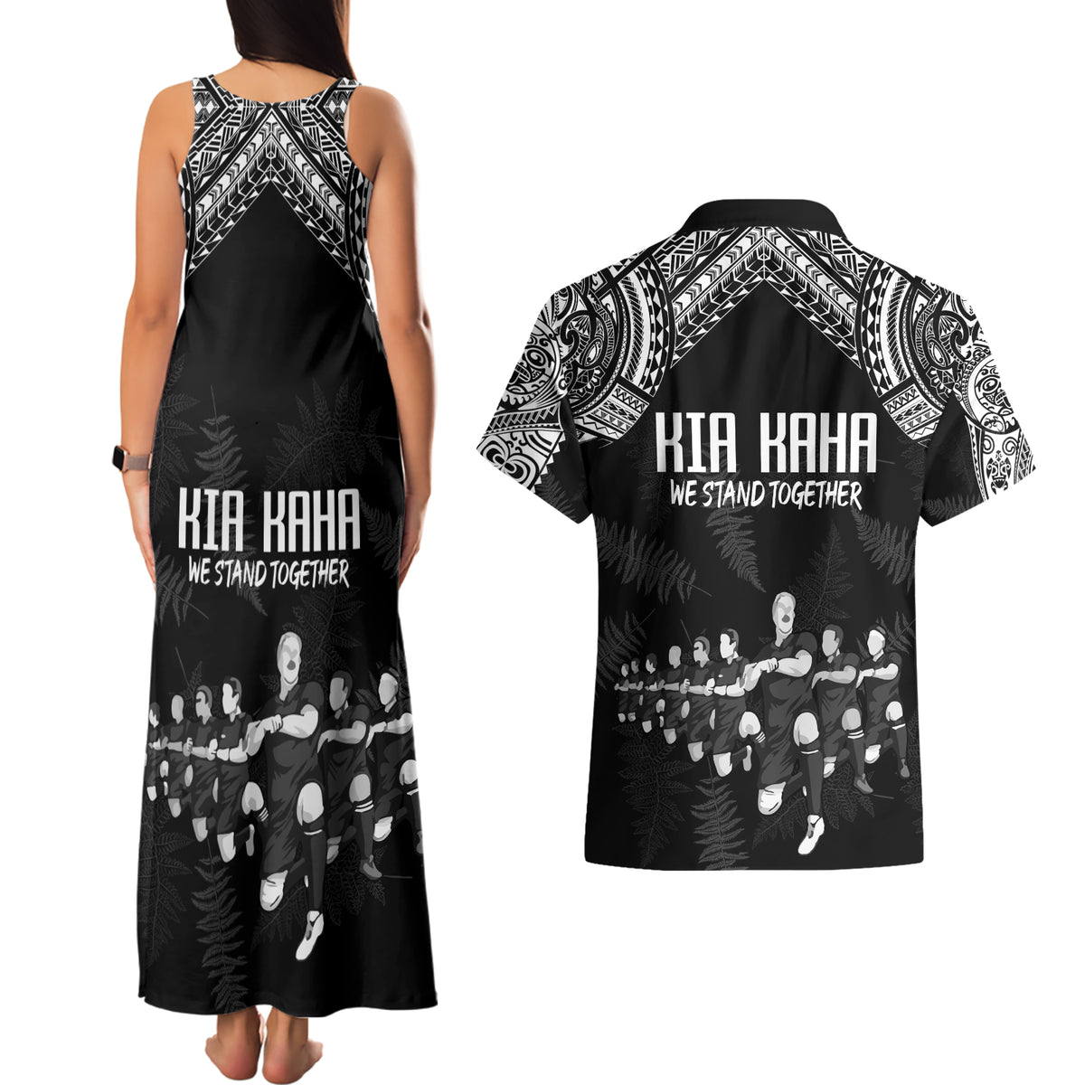 NZ Rugby Couples Matching Tank Maxi Dress and Hawaiian Shirt Kapa Opango Maori Haka With Years of The All Black Champions LT9 - Polynesian Pride