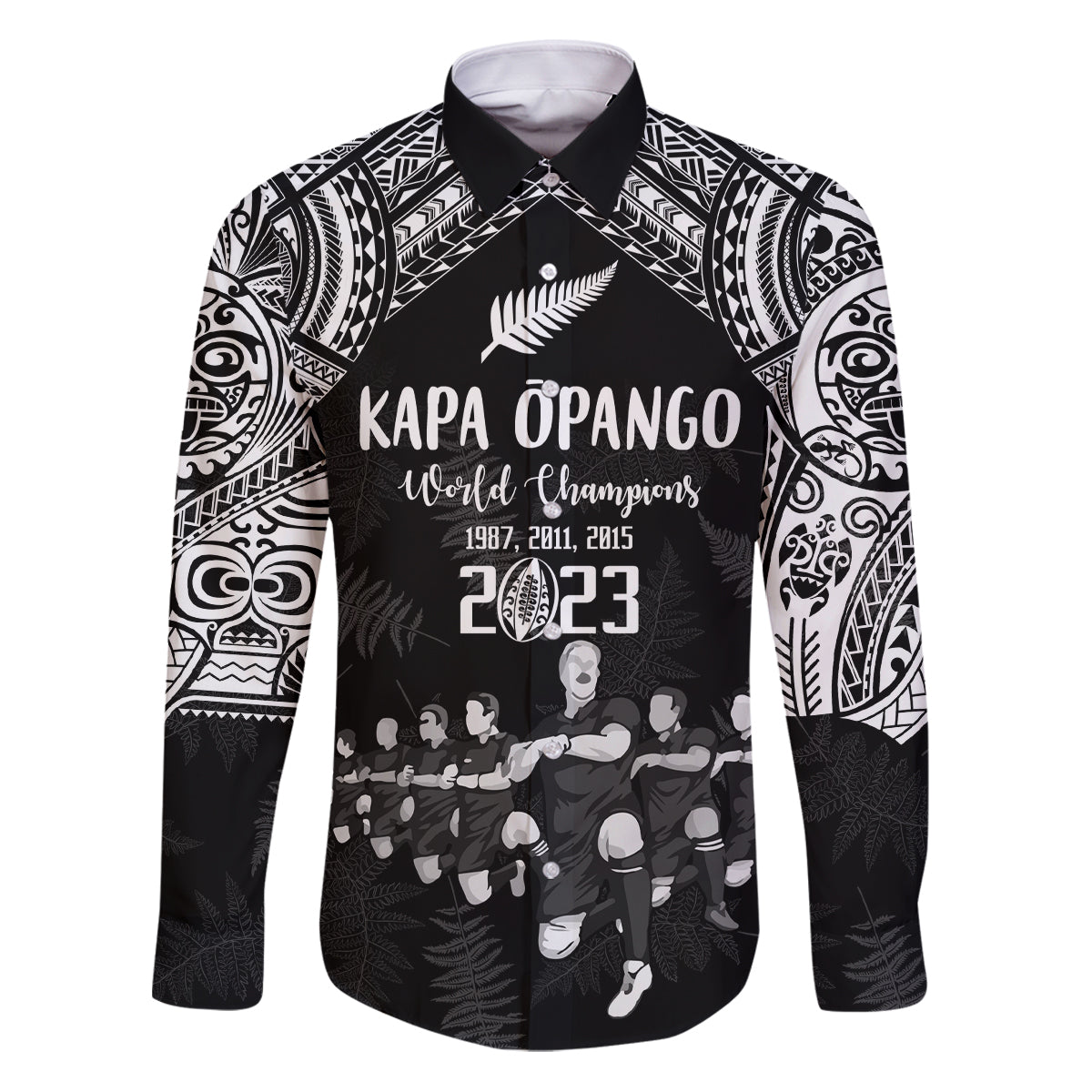 NZ Rugby Family Matching Puletasi Dress and Hawaiian Shirt Kapa Opango Maori Haka With Years of The All Black Champions LT9 Dad's Shirt - Long Sleeve Black - Polynesian Pride