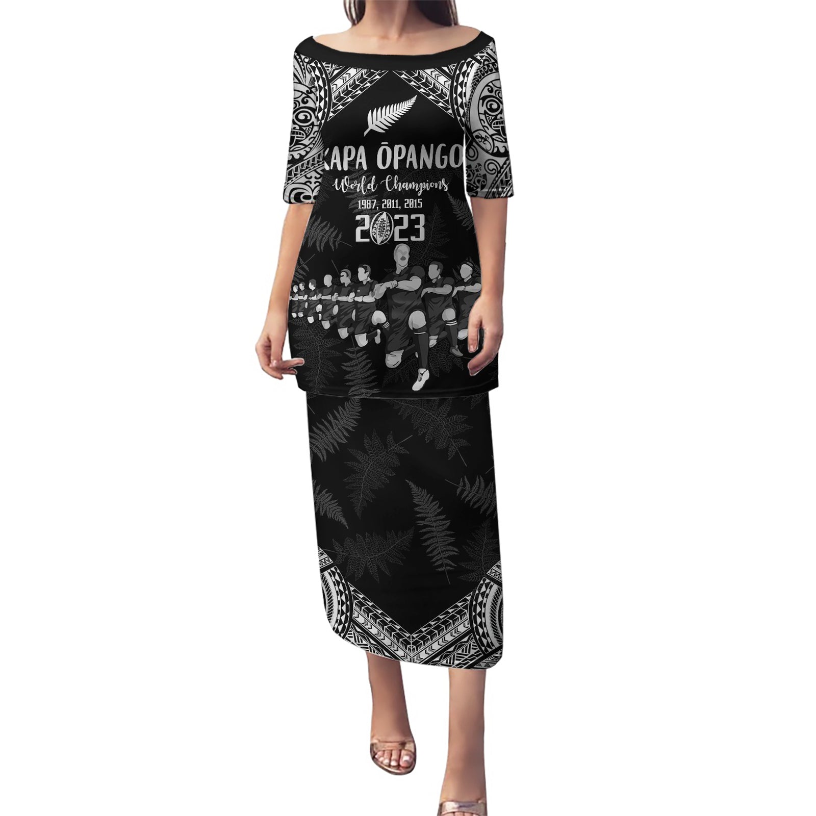 NZ Rugby Puletasi Kapa Opango Maori Haka With Years of The All Black Champions LT9 Long Dress Black - Polynesian Pride