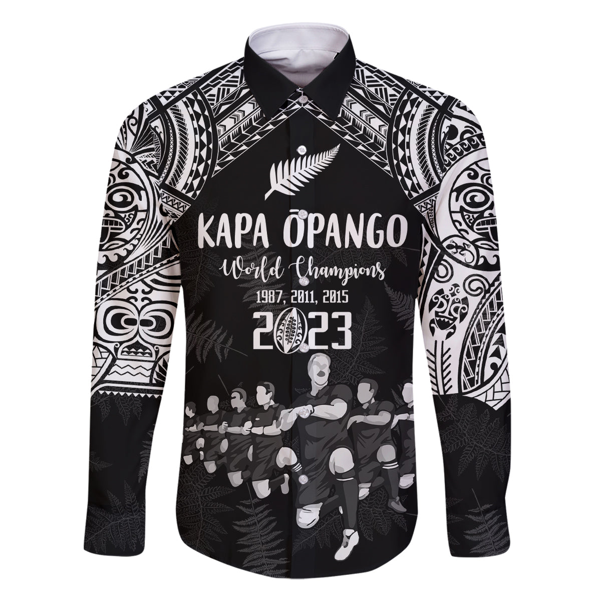 Custom NZ Rugby Family Matching Off Shoulder Maxi Dress and Hawaiian Shirt Kapa Opango Maori Haka With Years of The All Black Champions LT9 Dad's Shirt - Long Sleeve Black - Polynesian Pride
