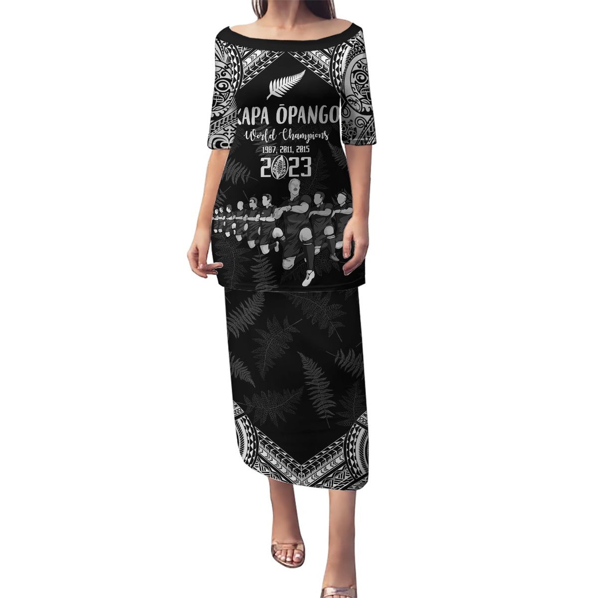 Custom NZ Rugby Puletasi Kapa Opango Maori Haka With Years of The All Black Champions LT9 Long Dress Black - Polynesian Pride