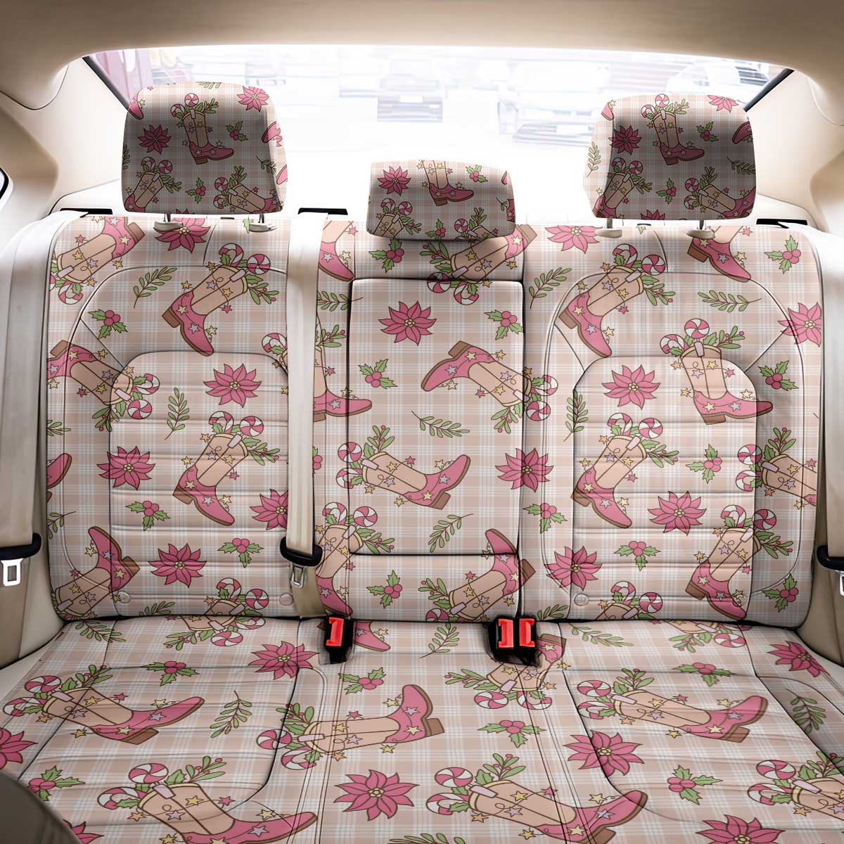 Beige Paniolo Palaka Hawaiian Cowgirl Christmas Back Car Seat Cover LT9 - Polynesian Pride