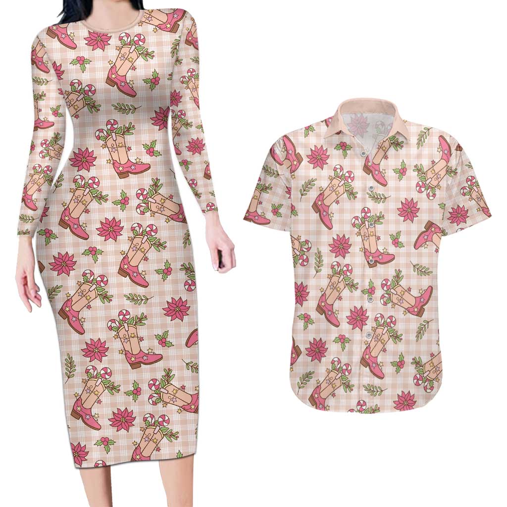 Beige Paniolo Palaka Hawaiian Cowgirl Christmas Couples Matching Long Sleeve Bodycon Dress and Hawaiian Shirt LT9 Beige - Polynesian Pride