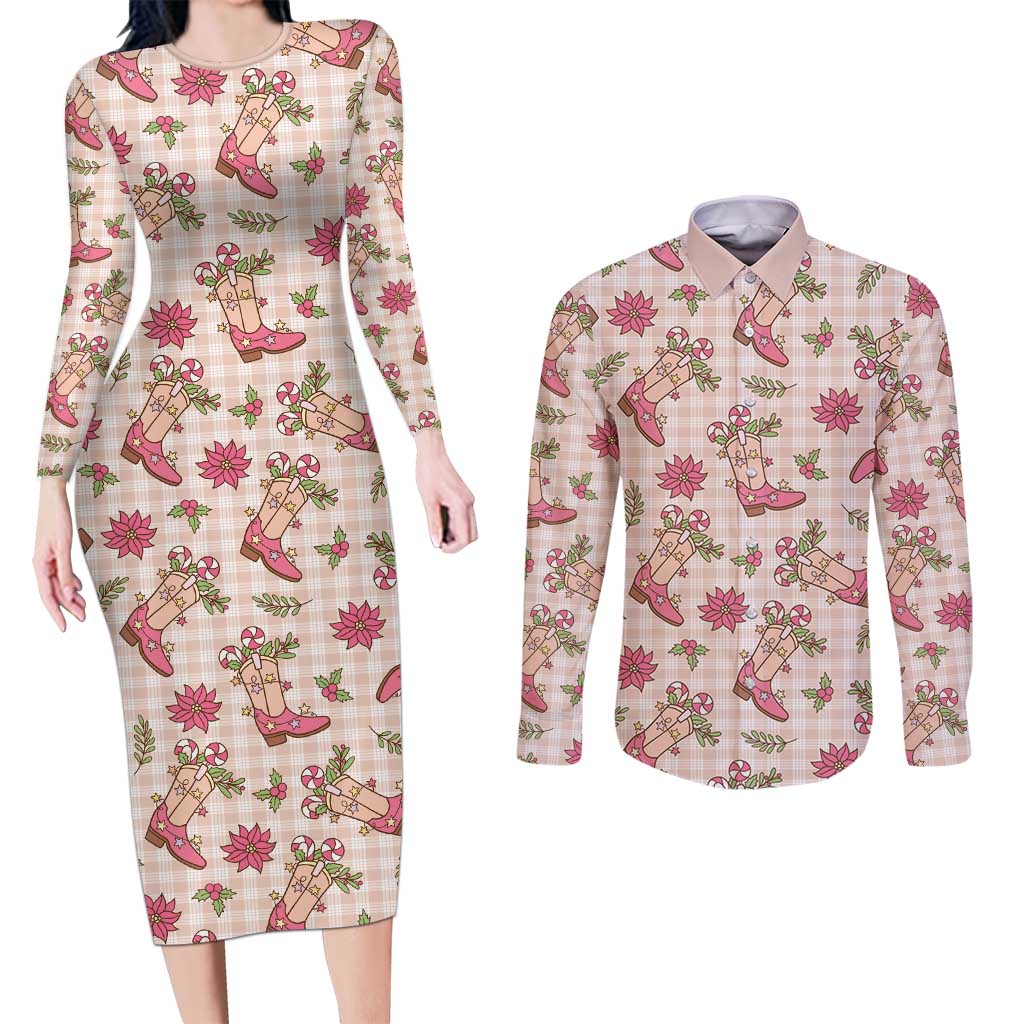 Beige Paniolo Palaka Hawaiian Cowgirl Christmas Couples Matching Long Sleeve Bodycon Dress and Long Sleeve Button Shirt LT9 Beige - Polynesian Pride