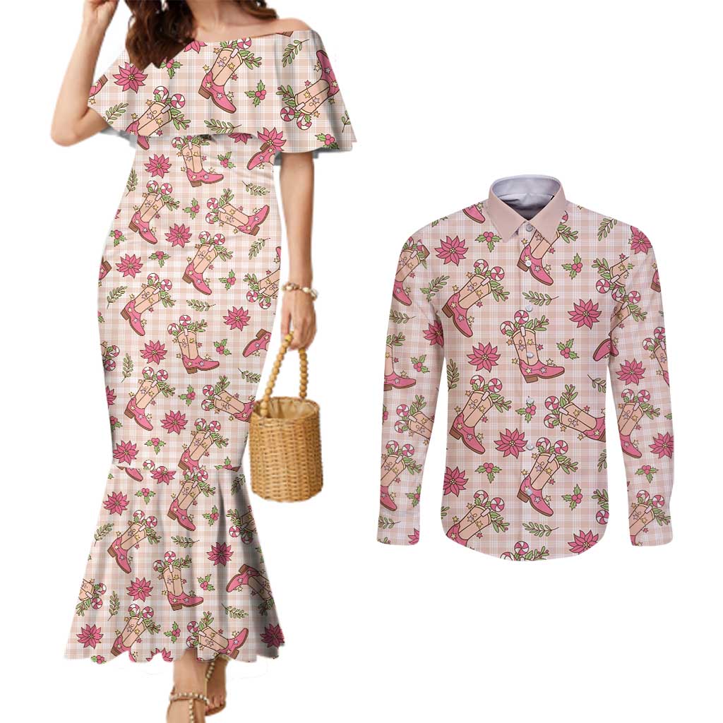 Beige Paniolo Palaka Hawaiian Cowgirl Christmas Couples Matching Mermaid Dress and Long Sleeve Button Shirt - Polynesian Pride