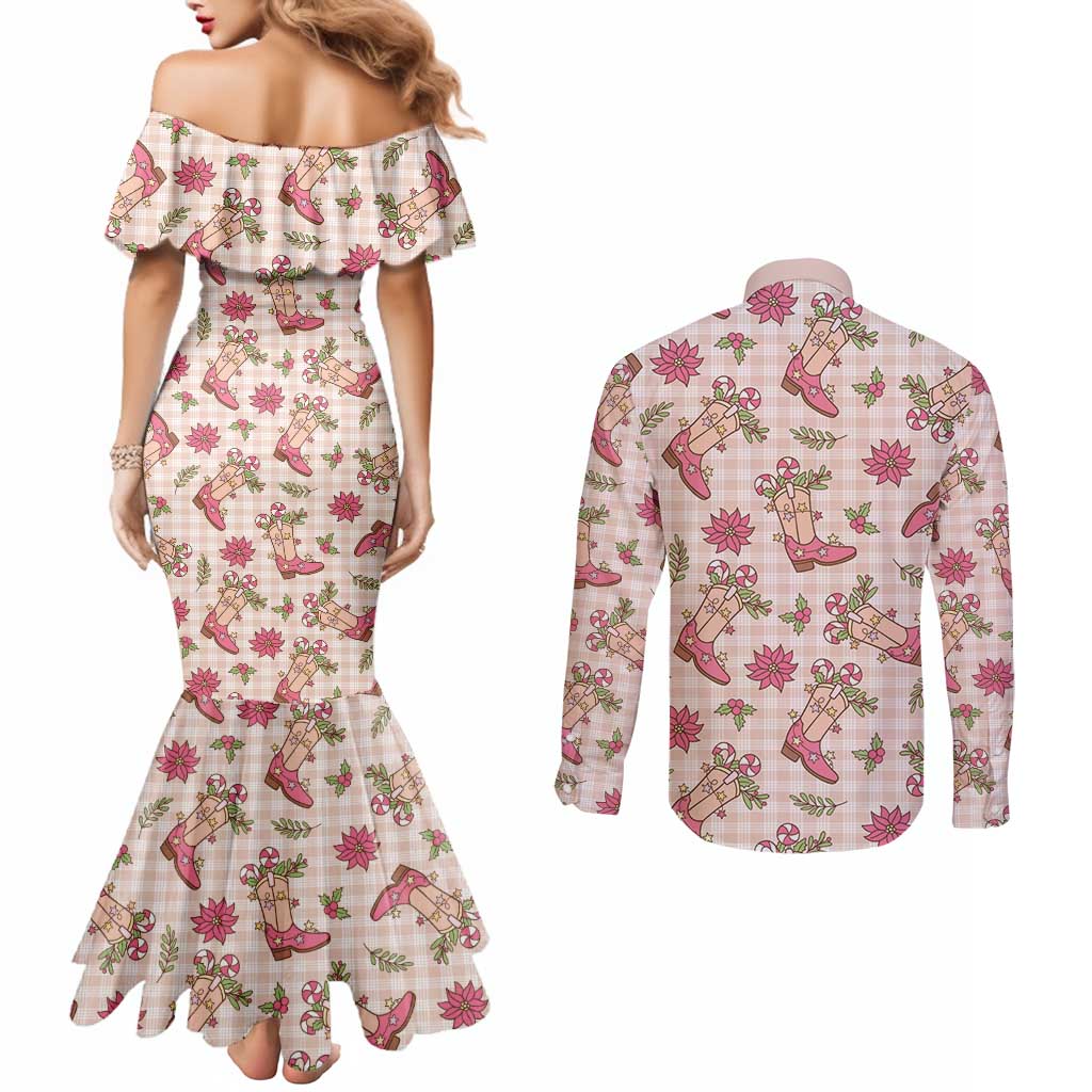 Beige Paniolo Palaka Hawaiian Cowgirl Christmas Couples Matching Mermaid Dress and Long Sleeve Button Shirt LT9 - Polynesian Pride