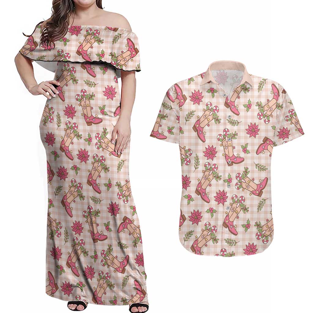 Beige Paniolo Palaka Hawaiian Cowgirl Christmas Couples Matching Off Shoulder Maxi Dress and Hawaiian Shirt - Polynesian Pride